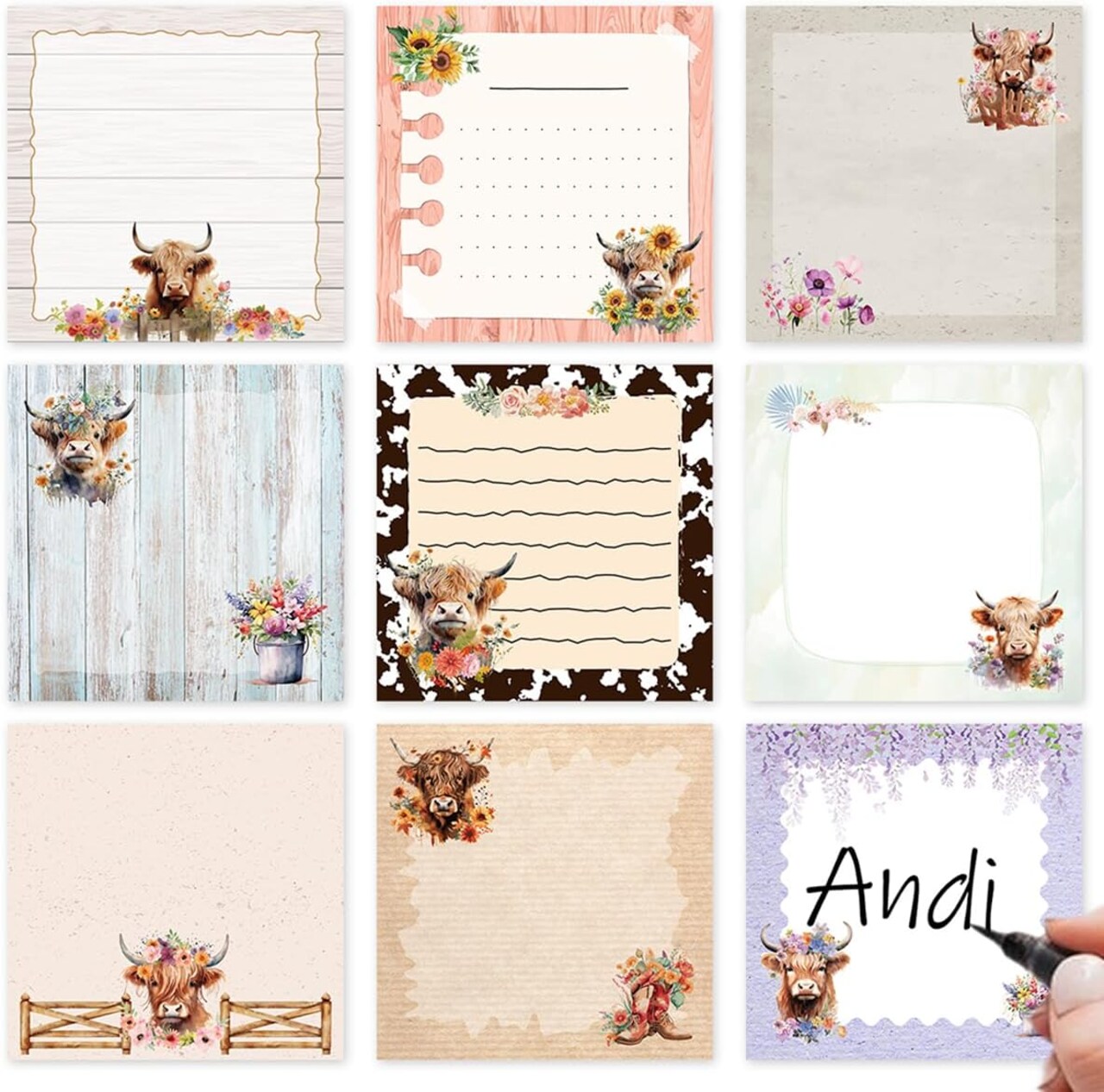 Highland Cow Sticky Notes Set - 9 Pack Highland Cow Sticky Notepad Cute Animals Sticky Notes 3"X3" Adhesive Post it Memo Pad Gifts Office Home Cow Print School Supplies 450 Sheets